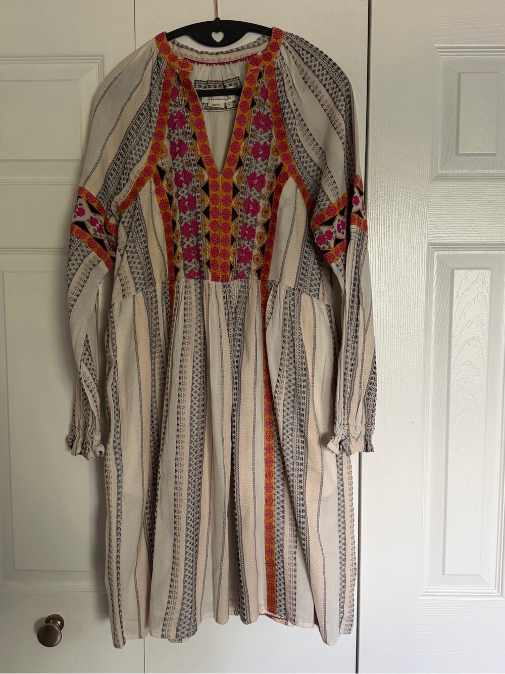 Anthropologie Cream Stripe Dress with Pink & Orange Embroidery